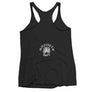 Black racerback tank top with the purported pirate flag of Blackbeard, consisting of a white horned skeleton using a spear to pierce a red bleeding heart, typically attributed to the pirate Edward Teach, better known as Blackbeard.