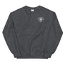 Grey unisex sweatshirt wit white "Mutineer Bay" logo on front left breast. On the back is Mutineer Bay slogan "Never Be Tamed." written on three horizontal lines in white IM Fell font