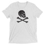 Grey unisex short sleeve t-shirt with Henry Every pirate flag which depicts a black skull in profile wearing a kerchief and an earring, above a saltire of two black crossed bone