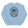 Powder Blue unisex sweatshirt with centered skull and cross bones, with small additional artistic accents, surrounded in a circular pattern with "Fortune Favors the Brave". All lettering and imagining is in Black.
