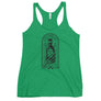 Green racerback tank top with image of skeleton hands holding up a rum bottle with the "No Rum, No Fun" written in the middle. In small semi circle above the bottle, "Mutineer Bay" is written. All images and lettering is in black.