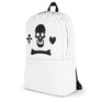 White minimalist backpack depicting the black pirate flag of Stede Bonnet "The Gentleman Pirate" represented as a white skull above a horizontal long bone between a heart and a dagger.
