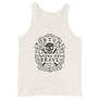 Oatmeal unisex tank top with centered skull and cross bones, with small additional artistic accents, surrounded in a circular pattern with "Fortune Favors the Brave". All lettering and imagining is in Black.