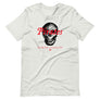 Ash short sleeve t-shirt with "Pirates Honor Loyalty" written horizontally transposed over skull outline. Lettering is in red and skull is in black.