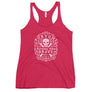 Hot Pink Racerback tank top with centered skull and cross bones, with small additional artistic accents, surrounded in a circular pattern with "Fortune Favors the Brave". All lettering and imagining is in White.