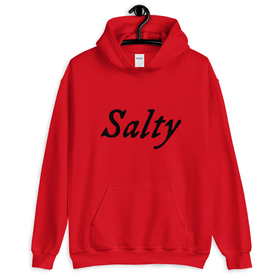 Red unisex Hoodie with wording "Salty" written on one horizontal row in IM Fell font on the front. Lettering is in Black.