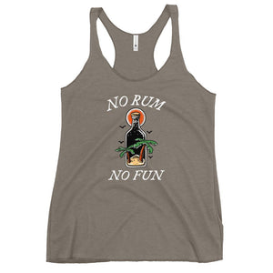 Ash colored racerback tank top with image of centered rum bottle with green palm trees surround on top by "No, Rum" and at bottom "No, Fun" in white IM Fell font.