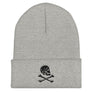Grey beanie with Henry Every pirate flag which depicts a black skull in profile wearing a kerchief and an earring, above a saltire of two black crossed bones.