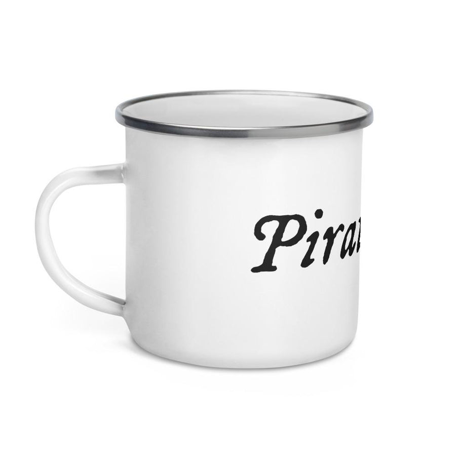 Enamel Mug with "Pirate King" written in black lettering in IM Fell font, surrounded by white background.