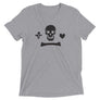 Grey unisex short sleeve t-shirt depicting the black pirate flag of Stede Bonnet "The Gentleman Pirate" represented as a white skull above a horizontal long bone between a heart and a dagger.