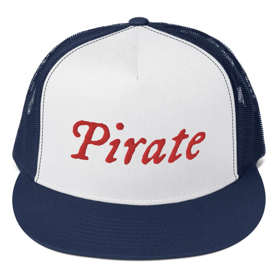 Stylish trucker cap with word "Pirate" written horizontally in IM Fell font on the front of cap. Cap brim is black, front of cap is white, sides of cap are black. All lettering is in Red.