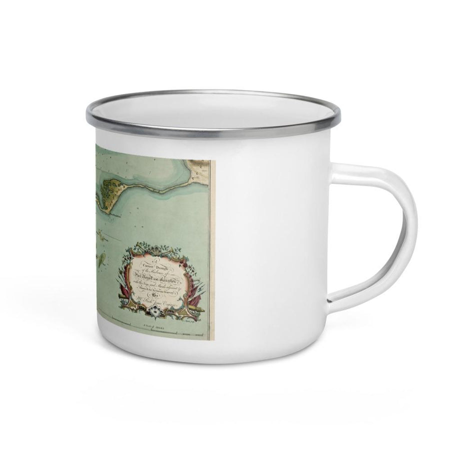 Enamel Mug of Old English chart of Kingston, Jamaica from 1756. Includes historical Port Royal, the Palisadoes, and the Harbour with shoals and soundings at the time.