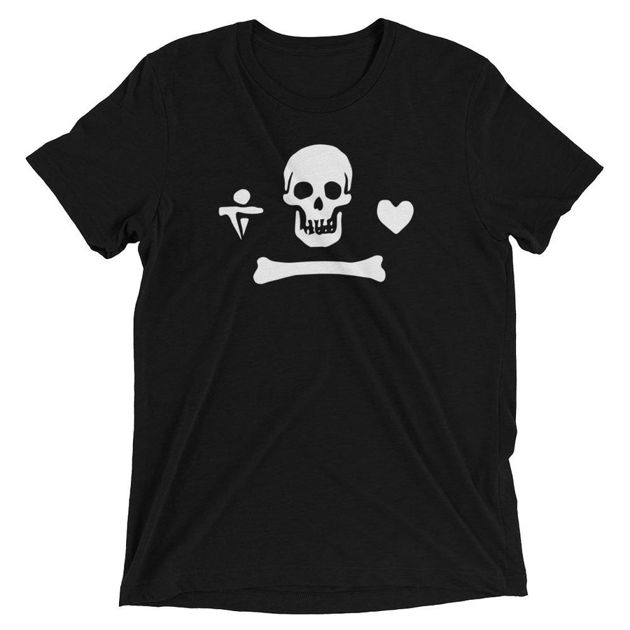 Black unisex short sleeve t-shirt depicting the pirate flag of Stede Bonnet "The Gentleman Pirate" represented as a white skull above a horizontal long bone between a heart and a dagger.