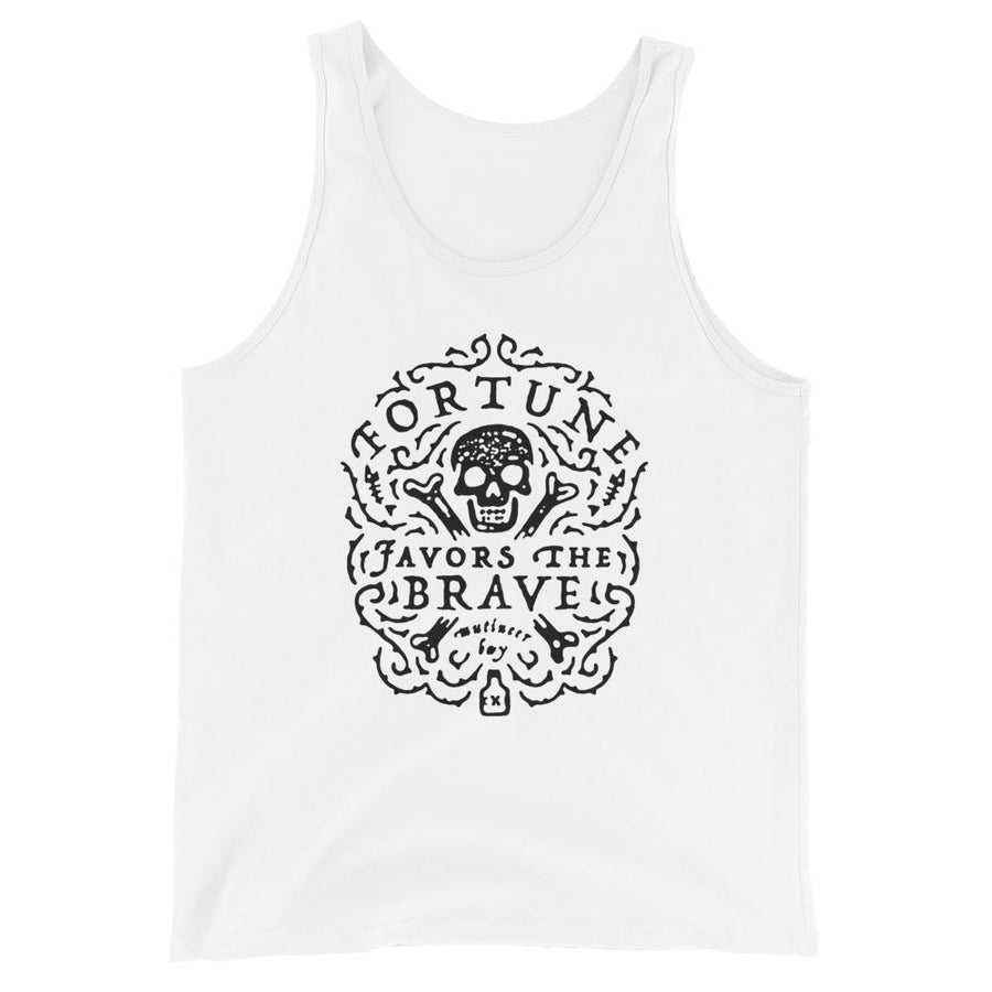 White unisex tank top with centered skull and cross bones, with small additional artistic accents, surrounded in a circular pattern with "Fortune Favors the Brave". All lettering and imagining is in Black.