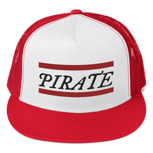 Stylish trucker cap with word "Pirate" written horizontally in IM Fell font between two crimson red bars on the front of cap. Cap brim is red, front of cap is white, sides of cap are red. All lettering is in Black.