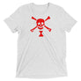 White  short sleeve t-shirt depicting red pirate flag of Emanuel Wynn, famous French pirate, which is a variant of crossbones motif with an addition of an hourglass which represented that pirate prey's time is up.
