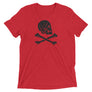 Red unisex short sleeve t-shirt with Henry Every pirate flag which depicts a black skull in profile wearing a kerchief and an earring, above a saltire of two black crossed bones
