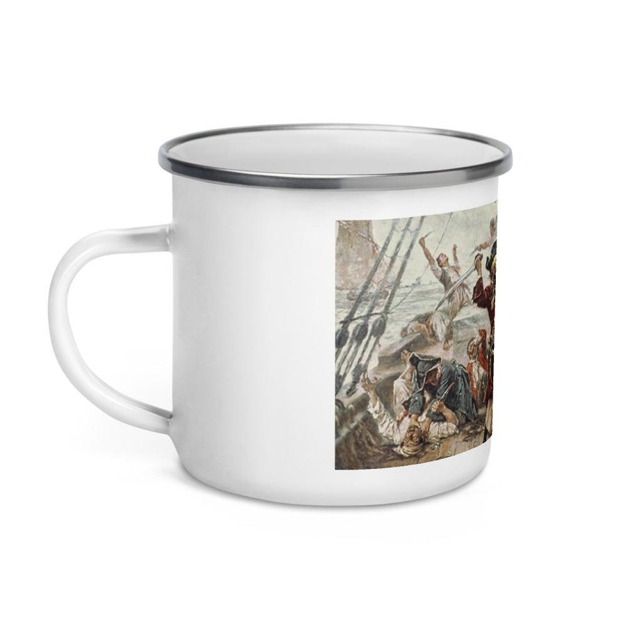 Enamel Mug of the Capture of the Pirate, Blackbeard, 1718 depicting the battle between Blackbeard the Pirate and Lieutenant Maynard in Ocracoke Bay