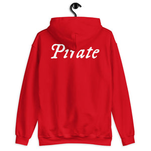 Red unisex Hoodie with word "Pirate" written horizontally in IM Fell font on the front and back of the hoodie. Lettering is in white.