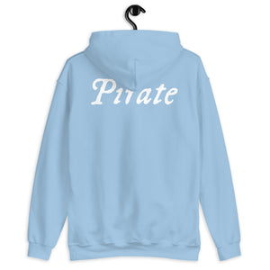 Powder Blue unisex Hoodie with word "Pirate" written horizontally in IM Fell font on the front and back of the hoodie. Lettering is in white.