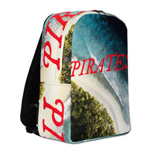 Minimalist Backpack with all over image of shore line in Outer Banks, North Carolina with word "Pirates" written in center in red IM Fell font.