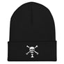 Black beanie cap depicting white pirate flag of Emanuel Wynn, famous French pirate, which is a variant of crossbones motif with an addition of an hourglass which represented that pirate prey's time is up.