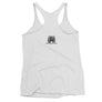 White racerback tank top depicting black pirate flag of Emanuel Wynn, famous French pirate, which is a variant of crossbones motif with an addition of an hourglass which represented that pirate prey's time is up. Edit