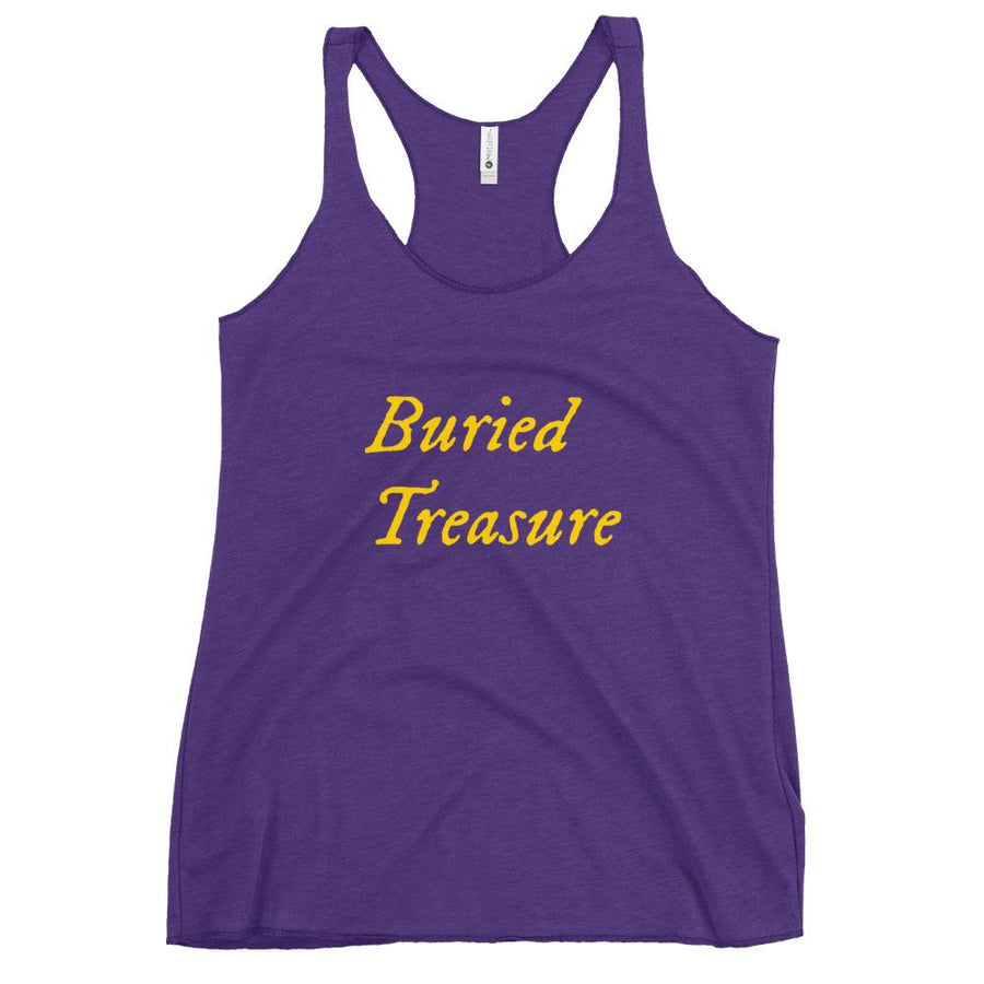 Purple racerback tank top  with wording "Buried Treasure" written on two horizontal rows in IM Fell font on the front. Lettering is in Canary Yellow.