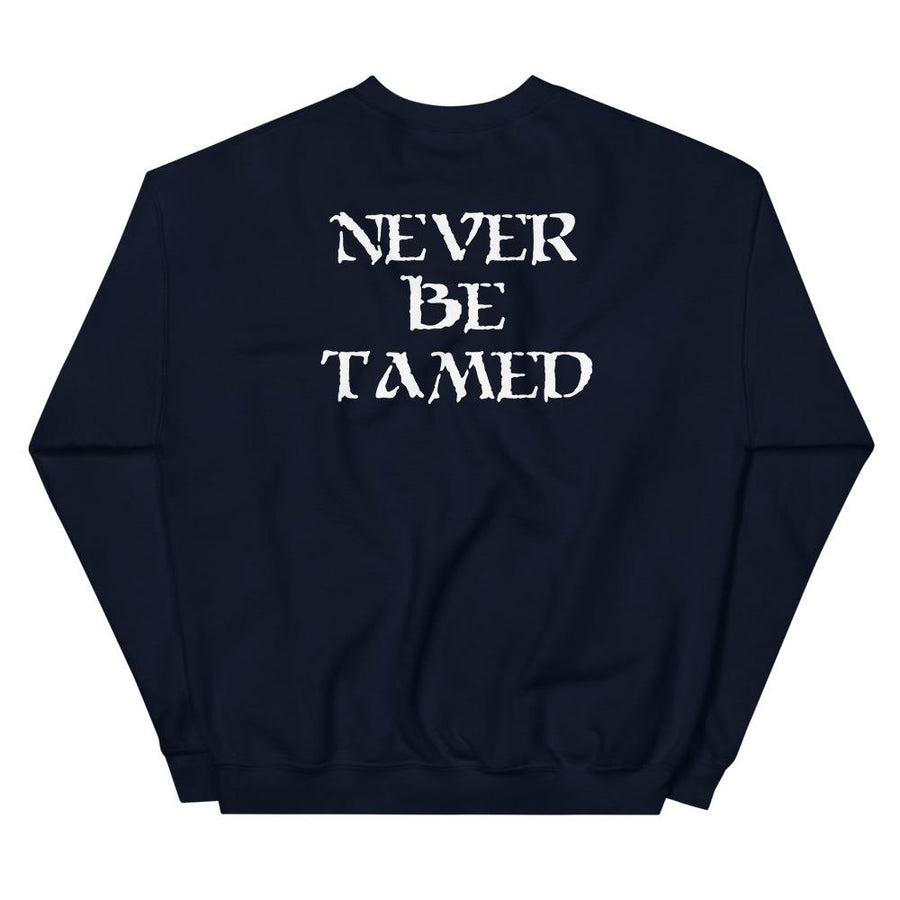 Navy Blue unisex sweatshirt wit white "Mutineer Bay" logo on front left breast. On the back is Mutineer Bay slogan "Never Be Tamed." written on three horizontal lines in white IM Fell font