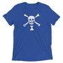 Royal Blue short sleeve t-shirt depicting white pirate flag of Emanuel Wynn, famous French pirate, which is a variant of crossbones motif with an addition of an hourglass which represented that pirate prey's time is up.