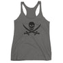 Dark Grey racerback tank top with black Jack Rackham pirate flag represented as a black skull above two black crossed swords, which contributed to the popularization of pirates worldwide