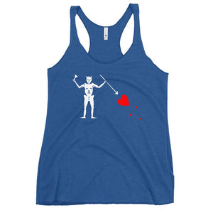 Royal blue racerback tank top with the purported pirate flag of Blackbeard, consisting of a white horned skeleton using a spear to pierce a red bleeding heart, typically attributed to the pirate Edward Teach, better known as Blackbeard.