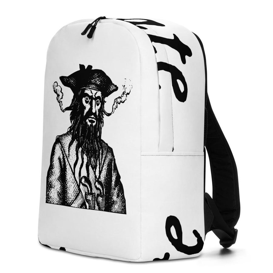 White Minimalist Backpack with a black centered image of "Blackbeard the Pirate" this was published in Defoe, Daniel; Johnson, Charles (1736 - although Angus Konstam says the image is circa 1726)