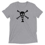Grey short sleeve t-shirt depicting black pirate flag of Emanuel Wynn, famous French pirate, which is a variant of crossbones motif with an addition of an hourglass which represented that pirate prey's time is up.