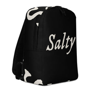 Black minimalist backpack with wording "Salty" written on one horizontal row in IM Fell font on the front. Lettering is in White.