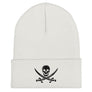 White beanie hat with Jack Rackham pirate flag represented as a black skull above two black crossed swords, which contributed to the popularization of pirates worldwide