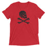 Red unisex short sleeve t-shirt with Henry Every pirate flag which depicts a black skull in profile wearing a kerchief and an earring, above a saltire of two black crossed bone