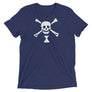 Dark blue short sleeve t-shirt depicting white pirate flag of Emanuel Wynn, famous French pirate, which is a variant of crossbones motif with an addition of an hourglass which represented that pirate prey's time is up.