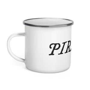 Enamel Mug with "Pirates" written in black lettering in IM Fell font, surrounded by white background.