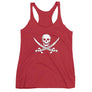 Crimson racerback tank top with Jack Rackham pirate flag represented as a white skull above two crossed swords, which contributed to the popularization of pirates worldwide.