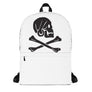 White minimalist backpack with Henry Every pirate flag which depicts a white skull in profile wearing a kerchief and an earring, above a saltire of two white crossed bones.