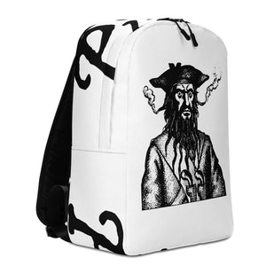 White Minimalist Backpack with a black centered image of "Blackbeard the Pirate" this was published in Defoe, Daniel; Johnson, Charles (1736 - although Angus Konstam says the image is circa 1726)