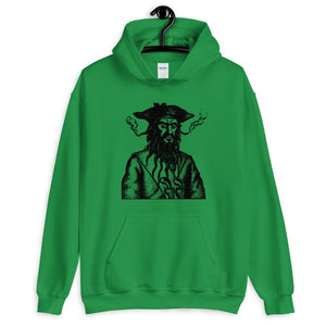 Green Hoodie unisex with a black image of "Blackbeard the Pirate" this was published in Defoe, Daniel; Johnson, Charles (1736 - although Angus Konstam says the image is circa 1726)