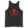 Black unisex tank top depicting the pirate flag of Stede Bonnet "The Gentleman Pirate" represented as a red skull above a red horizontal long bone between red a heart and a red dagger.
