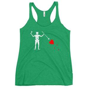 Emerald green racerback tank top with the purported pirate flag of Blackbeard, consisting of a white horned skeleton using a spear to pierce a red bleeding heart, typically attributed to the pirate Edward Teach, better known as Blackbeard.