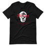 Black short sleeve t-shirt with "Pirates Honor Loyalty" written horizontally transposed over skull outline.  Lettering is in red and skull is in white.