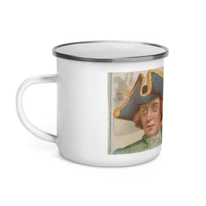 White enamel coffee mug with image of the famous female pirate, Anne Bonny. Anne Bonny, Firing Upon the Crew, from the Pirates of the Spanish Main series (N19) for Allen & Ginter Cigarettes