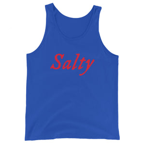 Royal Blue unisex tank top with wording "Salty" written on one horizontal row in IM Fell font on the front. Lettering is in Red.