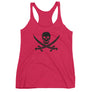 Hot Pink racerback tank top with black Jack Rackham pirate flag represented as a black skull above two black crossed swords, which contributed to the popularization of pirates worldwide