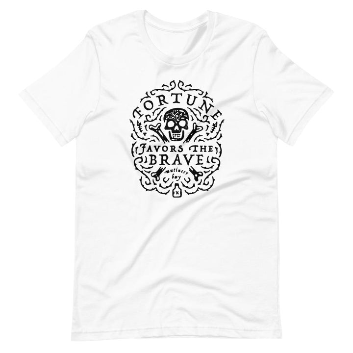 White short sleeve t-shirt with centered skull and cross bones, with small additional artistic accents, surrounded in a circular pattern with "Fortune Favors the Brave". All lettering and imagining is in Black.